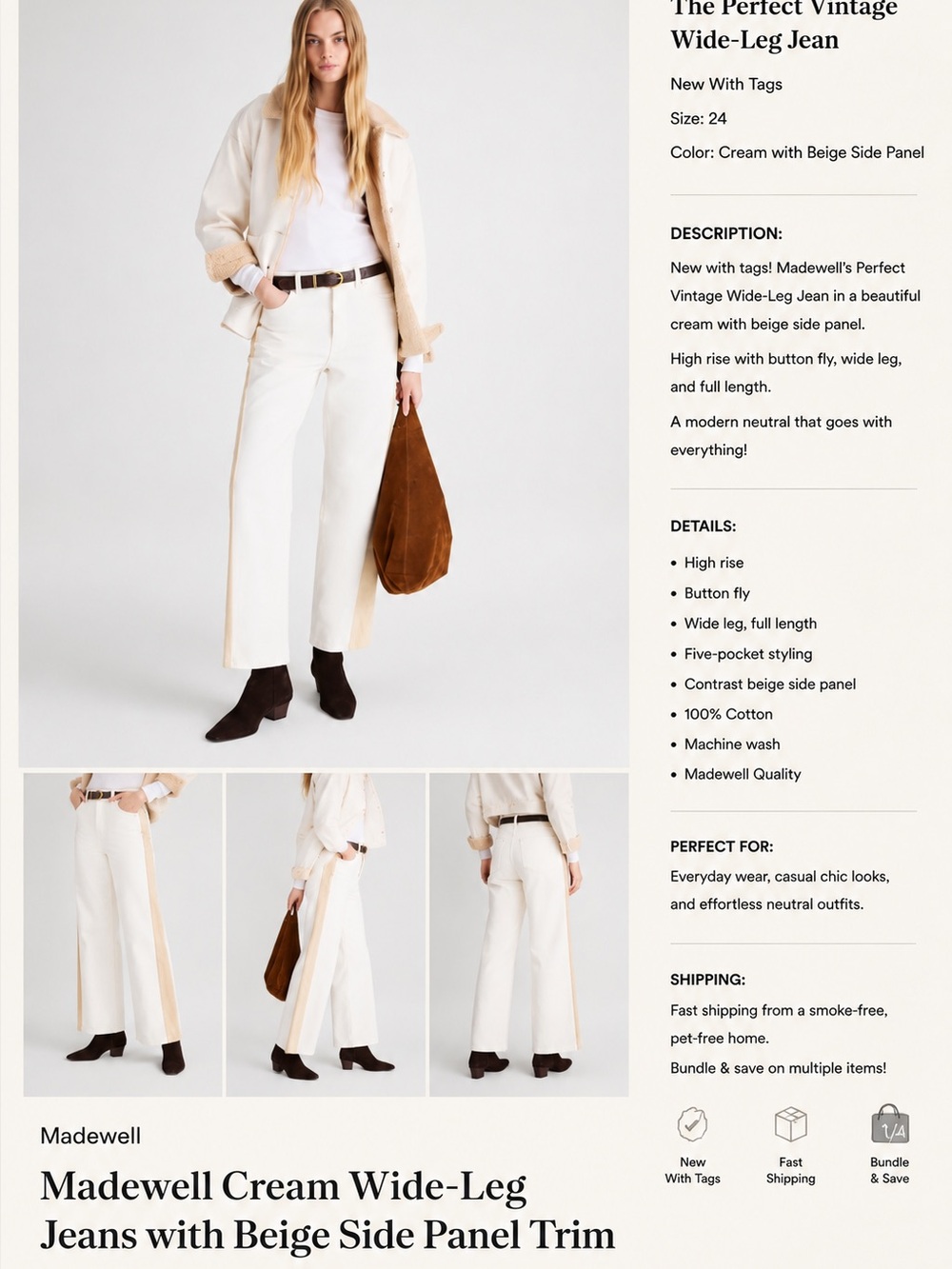 Madewell Cream Wide-Leg Jeans with Beige Side Panel Trim